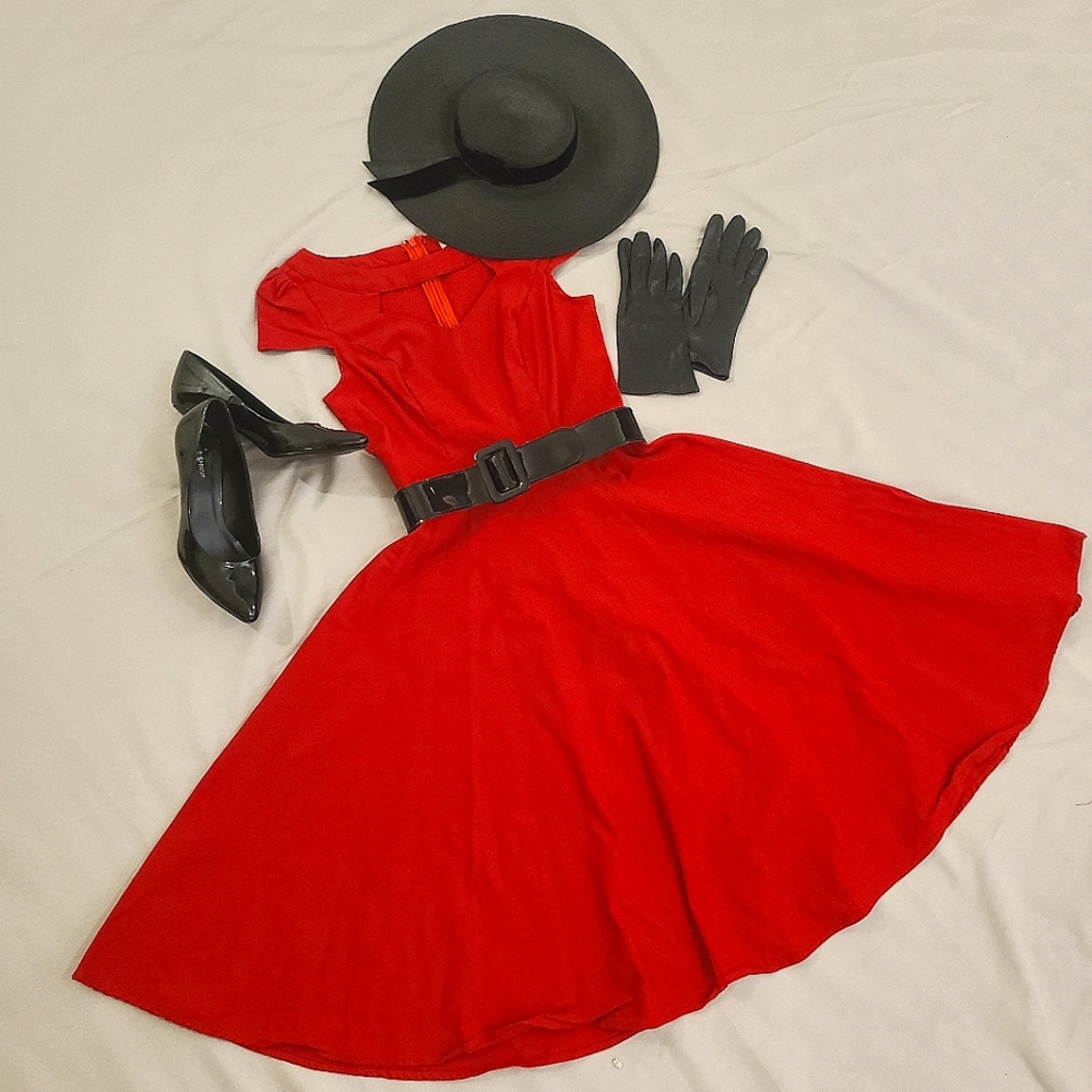 Belle Poque Retro Vintage Style Cherry-Bomb Red Swing Dance Dress W/ Cut Out